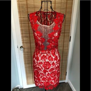 NWOT Soieblu Red Lace Mesh Illusion Dress, Size Medium